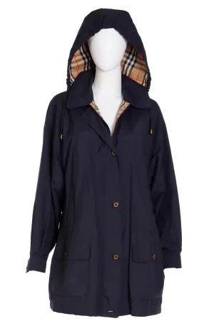 1990s Burberrys Black Raincoat With Hood & Nova Check Lining