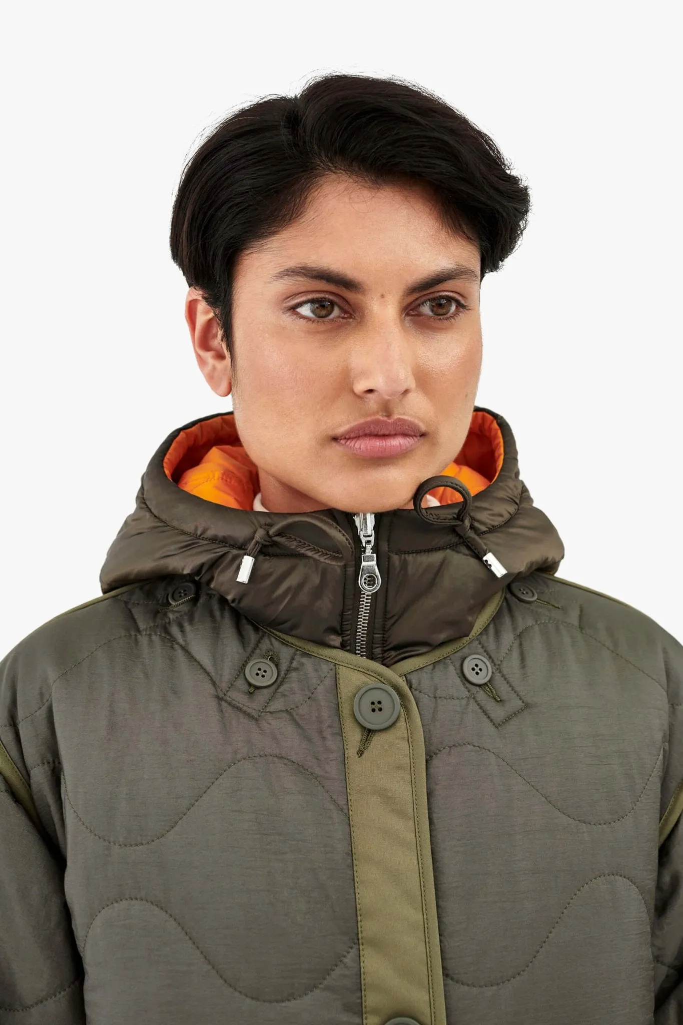 Elements Quilt Zip Hood - Peat / Clementine