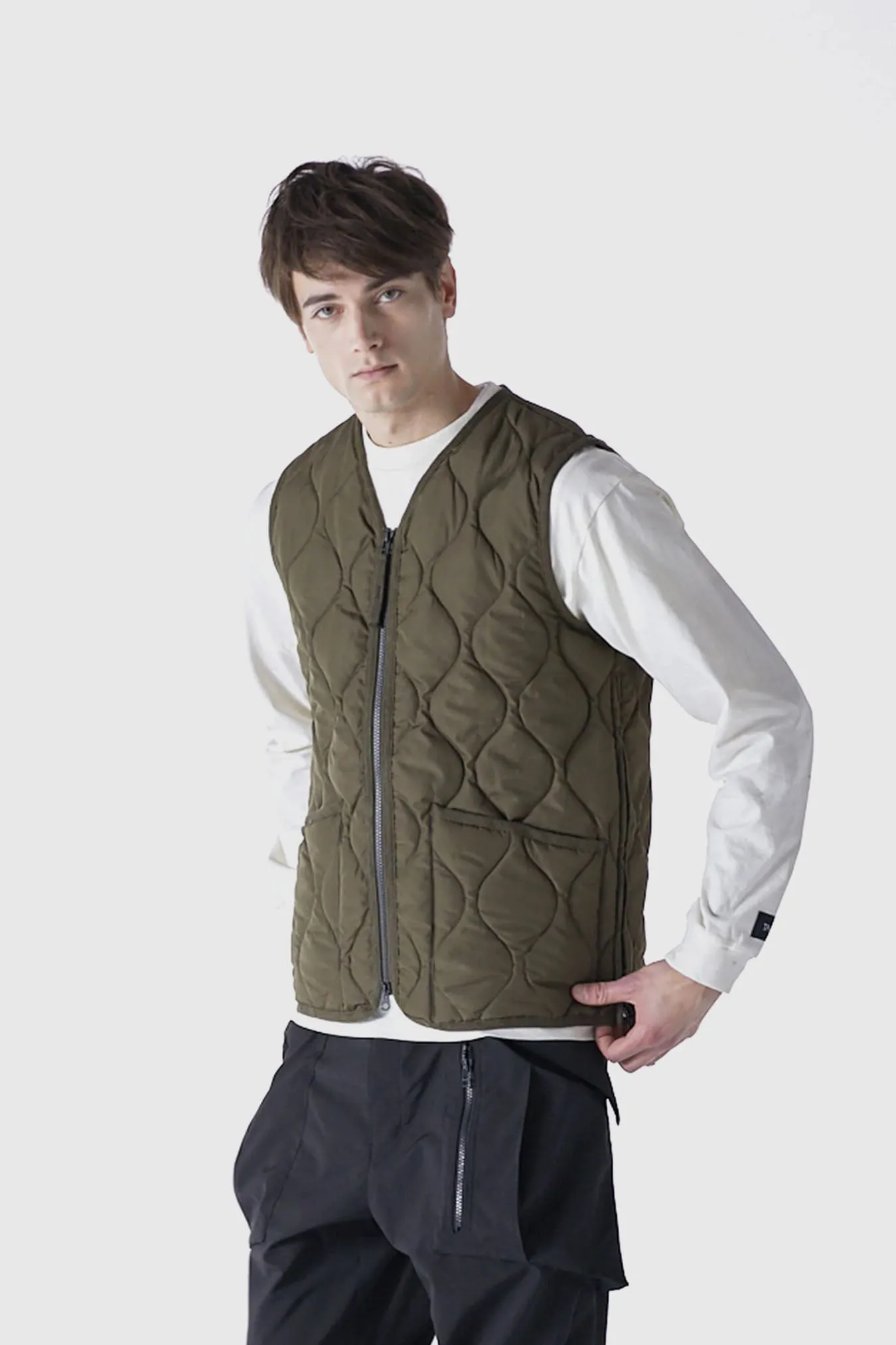Military Zip V Neck Down Vest - Dark Olive