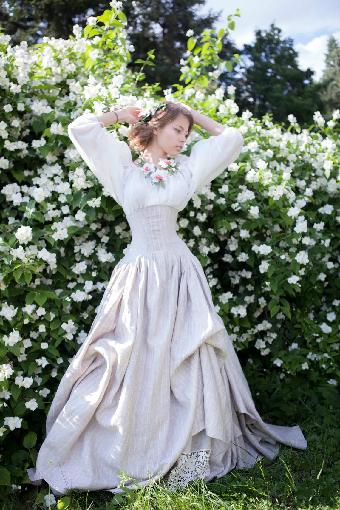 White Snow Costume With Chemise Two Linen Corset Skirt