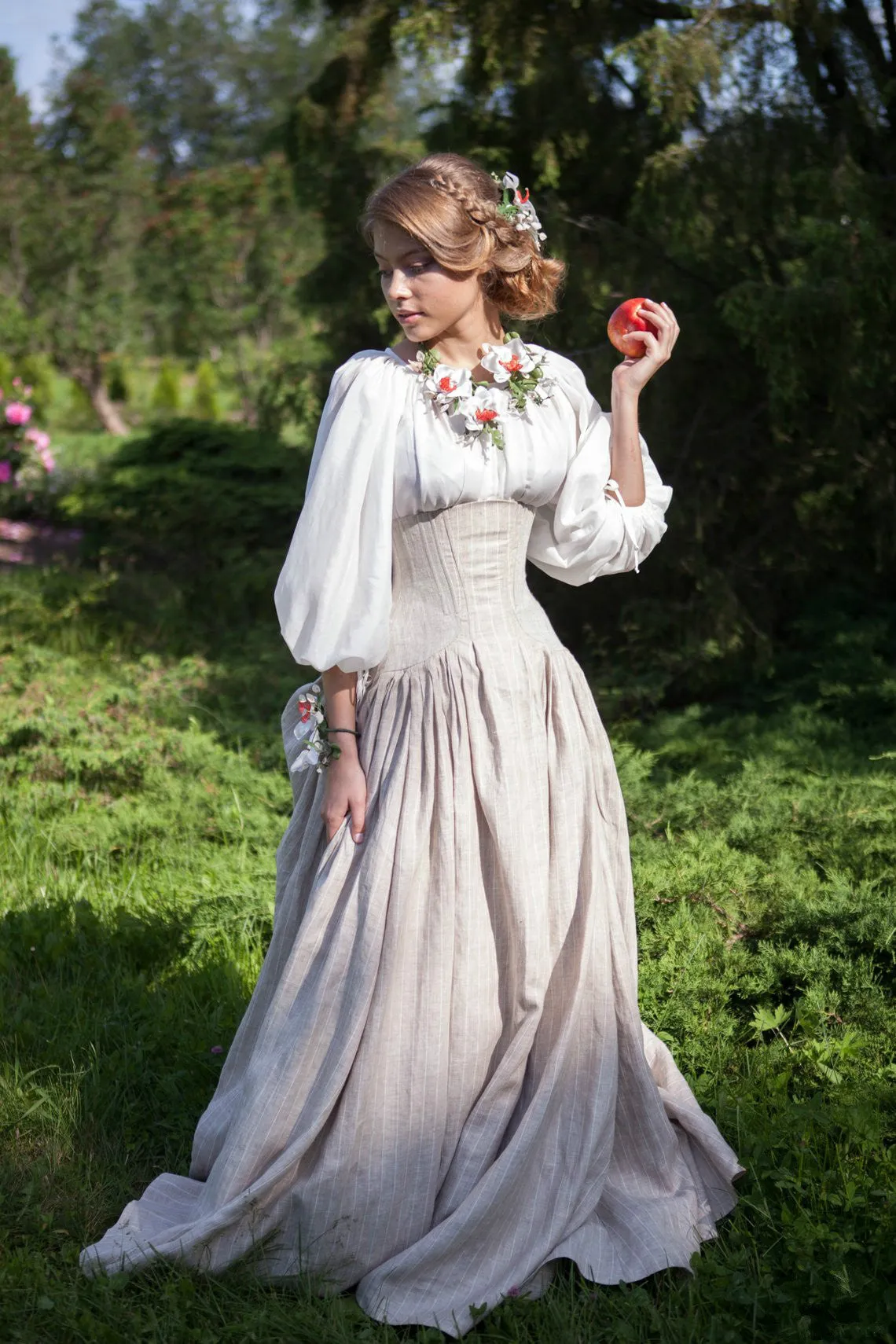 White Snow Costume With Chemise Two Linen Corset Skirt