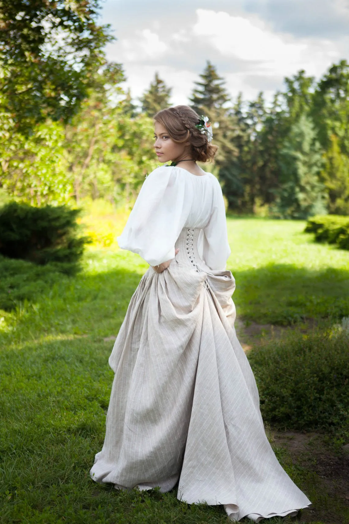 White Snow Costume With Chemise Two Linen Corset Skirt