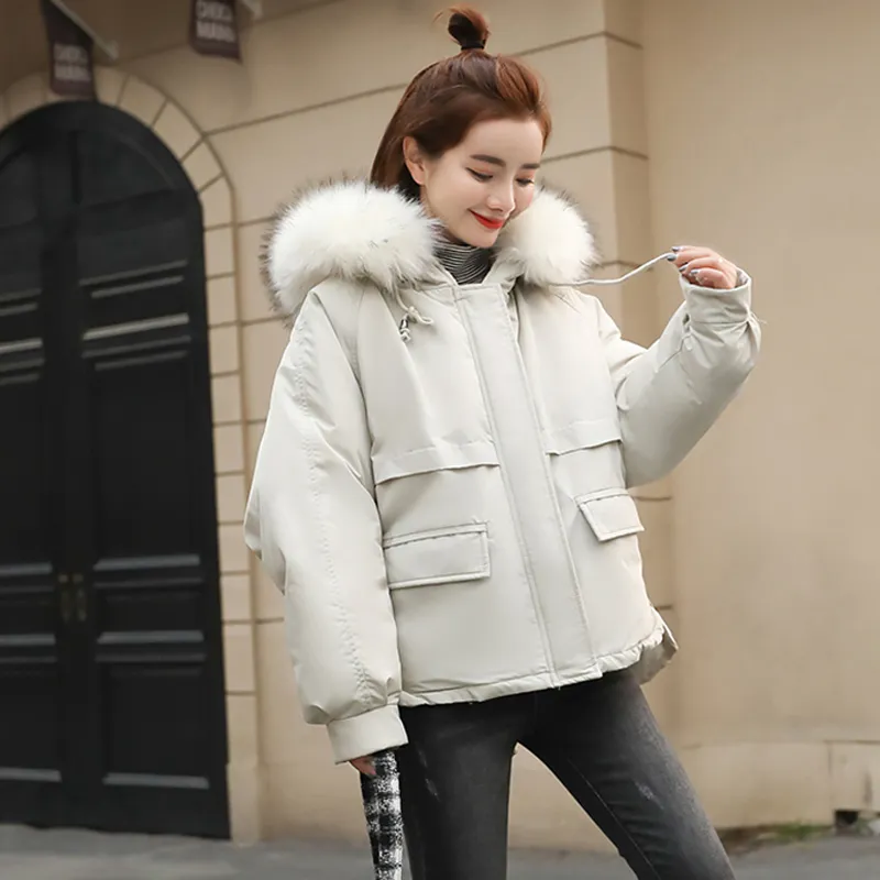 Women's Winter Casual Cotton Loose Short Parka With Faux Fur