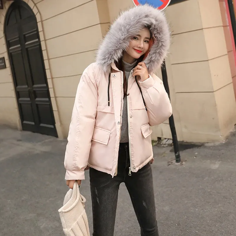 Women's Winter Casual Cotton Loose Short Parka With Faux Fur