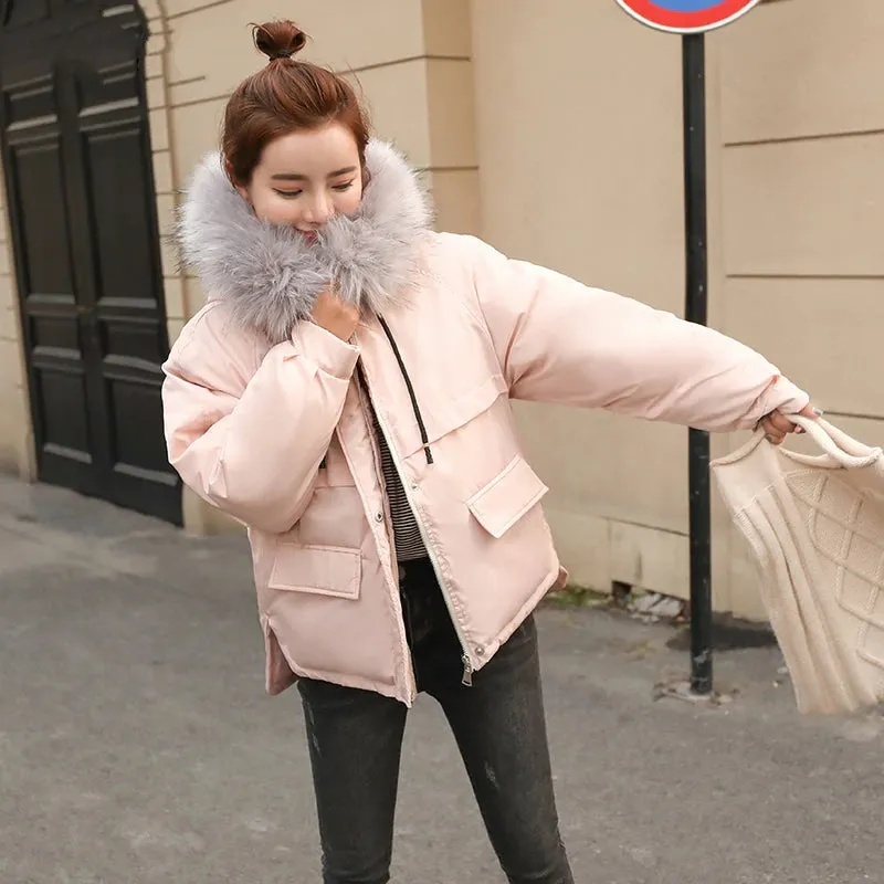 Women's Winter Casual Cotton Loose Short Parka With Faux Fur