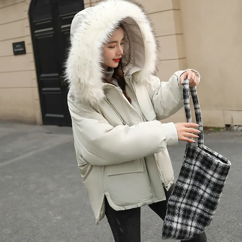 Women's Winter Casual Cotton Loose Short Parka With Faux Fur